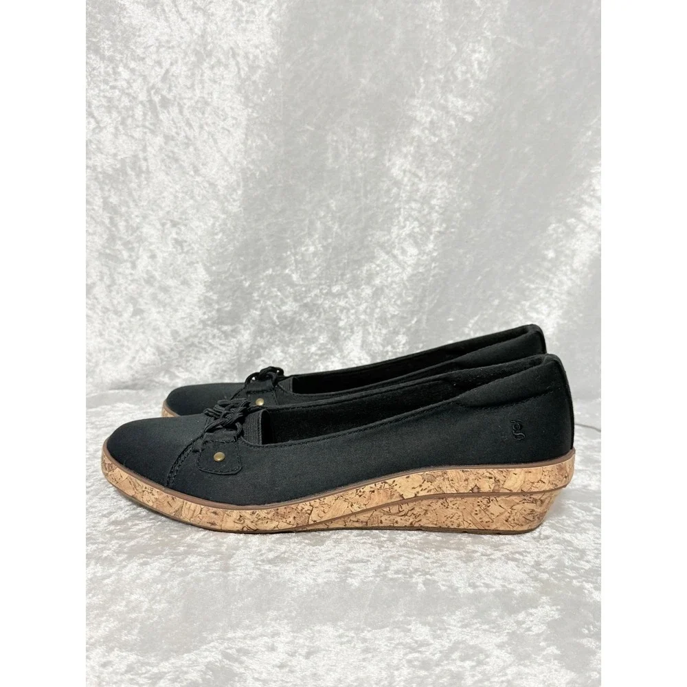 Grasshoppers Betty Black Fabric Cork Wedge Ortholite Slip On Shoes EF57920 8M